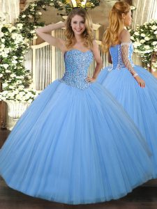 Aqua Blue Ball Gowns Sweetheart Sleeveless Tulle Floor Length Lace Up Beading Quinceanera Gowns