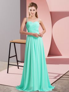 Spaghetti Straps Sleeveless Chiffon Prom Dresses Ruching Sweep Train Backless