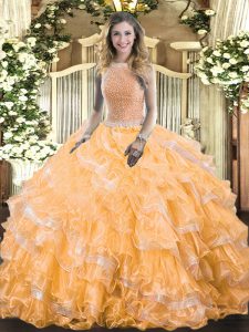 High-neck Sleeveless Lace Up Quinceanera Dresses Orange Organza