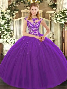 Eggplant Purple Sleeveless Floor Length Beading and Appliques Lace Up Sweet 16 Dresses