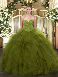 Designer Sleeveless Tulle Floor Length Lace Up Sweet 16 Quinceanera Dress in Olive Green with Beading