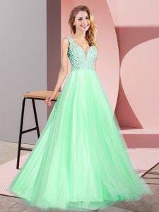 A-line Homecoming Dress Apple Green V-neck Tulle Sleeveless Floor Length Zipper