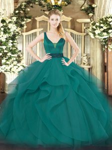 Teal Ball Gowns Straps Sleeveless Tulle Floor Length Zipper Beading and Ruffles 15th Birthday Dress