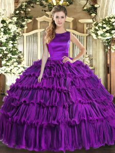 Affordable Eggplant Purple Organza Lace Up Quinceanera Gowns Sleeveless Floor Length Ruffled Layers