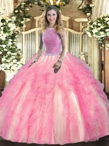 Floor Length Lace Up 15th Birthday Dress Rose Pink for Military Ball and Sweet 16 and Quinceanera with Beading and Ruffles