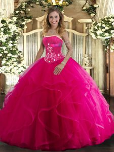 Hot Pink Ball Gowns Strapless Sleeveless Tulle Floor Length Lace Up Beading and Ruffles 15 Quinceanera Dress