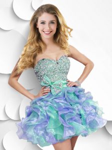 Sweetheart Sleeveless Homecoming Dress Mini Length Beading and Ruffles and Bowknot Multi-color Organza