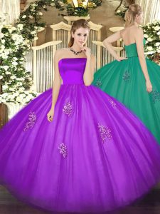 Inexpensive Eggplant Purple Ball Gowns Strapless Sleeveless Tulle Floor Length Zipper Appliques 15th Birthday Dress