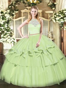 Admirable Floor Length Zipper 15th Birthday Dress Olive Green for Military Ball and Sweet 16 and Quinceanera with Lace and Ruffled Layers