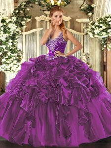 Eggplant Purple Lace Up Quinceanera Dresses Beading and Ruffles Sleeveless Floor Length