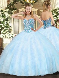 Best Floor Length Ball Gowns Sleeveless Light Blue Quinceanera Dresses Lace Up