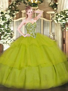 Fashion Sweetheart Sleeveless Vestidos de Quinceanera Floor Length Beading and Ruffled Layers Olive Green Tulle