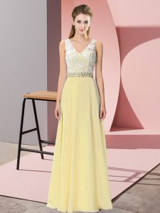 Gorgeous Light Yellow Chiffon and Lace Backless Prom Party Dress Sleeveless Floor Length Beading