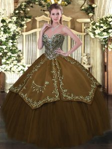 Enchanting Taffeta and Tulle Sweetheart Sleeveless Lace Up Beading and Embroidery Quinceanera Gown in Brown