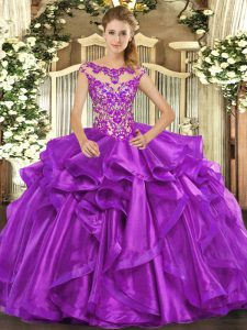 Extravagant Cap Sleeves Appliques and Ruffles Lace Up Quinceanera Dress