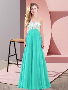 Customized Floor Length Criss Cross Turquoise for Prom and Party with Beading