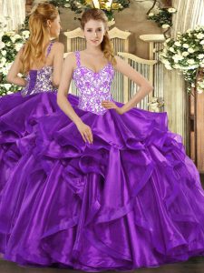 High Quality Sleeveless Lace Up Floor Length Beading and Appliques and Ruffles Sweet 16 Quinceanera Dress