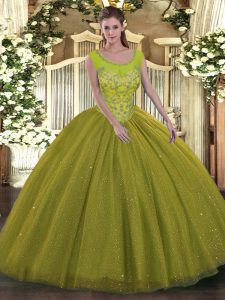 Olive Green Backless Scoop Beading Quince Ball Gowns Tulle Sleeveless