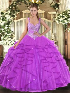 Gorgeous Eggplant Purple Lace Up Quinceanera Dresses Beading and Ruffles Sleeveless Floor Length