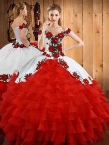 Floor Length Red 15th Birthday Dress Organza Sleeveless Embroidery and Ruffled Layers