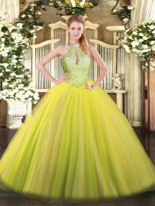 Halter Top Sleeveless Tulle Ball Gown Prom Dress Sequins Lace Up