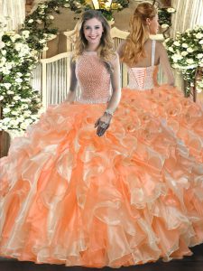 Spectacular Orange Red Sleeveless Floor Length Beading and Ruffles Lace Up Ball Gown Prom Dress