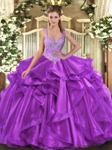 Suitable Eggplant Purple Ball Gowns Beading and Ruffles Ball Gown Prom Dress Lace Up Organza Sleeveless Floor Length