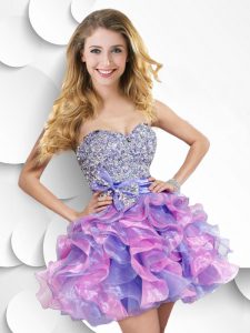 Elegant Beading and Ruffles and Bowknot Dress for Prom Multi-color Zipper Sleeveless Mini Length