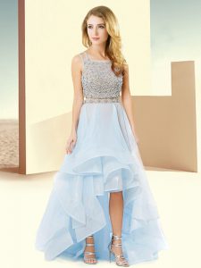 Sleeveless Organza High Low Lace Up Dress for Prom in Light Blue with Beading and Ruffles