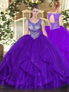 High Class Floor Length Eggplant Purple Quinceanera Gowns Scoop Sleeveless Lace Up