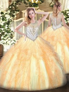 Most Popular Gold Sleeveless Beading and Ruffles Floor Length Quinceanera Gown