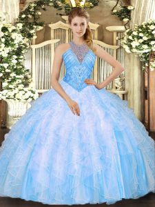 Suitable Organza High-neck Sleeveless Lace Up Beading and Ruffles Sweet 16 Dresses in Baby Blue