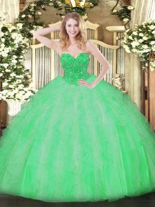Exceptional Apple Green Sleeveless Organza Lace Up 15 Quinceanera Dress for Military Ball and Sweet 16 and Quinceanera