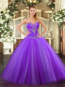 Eggplant Purple Ball Gowns Tulle Sweetheart Sleeveless Beading Floor Length Lace Up Sweet 16 Dress