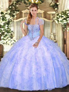 Perfect Light Blue Ball Gowns Tulle Strapless Sleeveless Appliques and Ruffles Floor Length Lace Up Quinceanera Dress