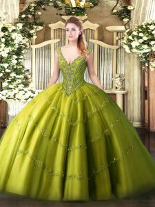 Tulle V-neck Sleeveless Lace Up Beading and Appliques 15th Birthday Dress in Olive Green