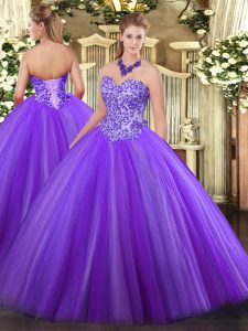 Most Popular Sweetheart Sleeveless Sweet 16 Dresses Floor Length Appliques Eggplant Purple Tulle