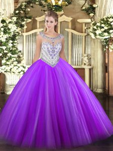 Eggplant Purple Scoop Zipper Beading Ball Gown Prom Dress Sleeveless