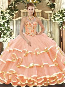 Designer Peach Ball Gowns Organza Halter Top Sleeveless Beading and Embroidery Floor Length Lace Up Quinceanera Dresses