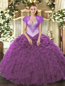 Sleeveless Floor Length Beading and Ruffles Lace Up Ball Gown Prom Dress with Eggplant Purple