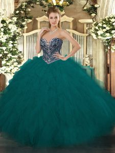 Teal Sleeveless Floor Length Beading and Ruffles Lace Up Quinceanera Dresses