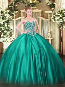 Elegant Turquoise Satin Lace Up Quince Ball Gowns Sleeveless Floor Length Beading