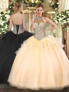 Lovely Peach Ball Gowns Tulle Halter Top Sleeveless Beading Floor Length Lace Up Quinceanera Gown