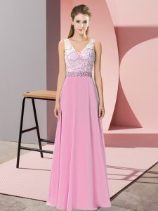 Dynamic Rose Pink Chiffon and Lace Backless Prom Evening Gown Sleeveless Floor Length Beading