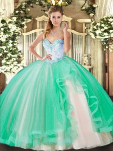 Discount Ball Gowns Quinceanera Dress Turquoise Sweetheart Tulle Sleeveless Floor Length Lace Up