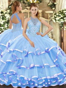 Halter Top Sleeveless Sweet 16 Dress Floor Length Beading and Ruffled Layers Aqua Blue Organza