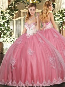 Watermelon Red Lace Up Quinceanera Dress Beading and Appliques Sleeveless Floor Length