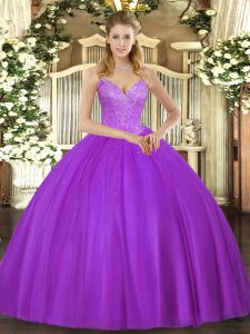 Dramatic Eggplant Purple Sleeveless Tulle Lace Up Quinceanera Dress for Military Ball and Sweet 16 and Quinceanera