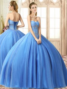 Sweetheart Sleeveless Quinceanera Dress Floor Length Beading Baby Blue Tulle