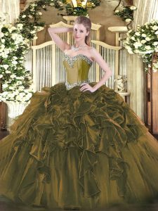 Graceful Olive Green Organza Lace Up Sweetheart Sleeveless Floor Length Vestidos de Quinceanera Beading and Ruffles